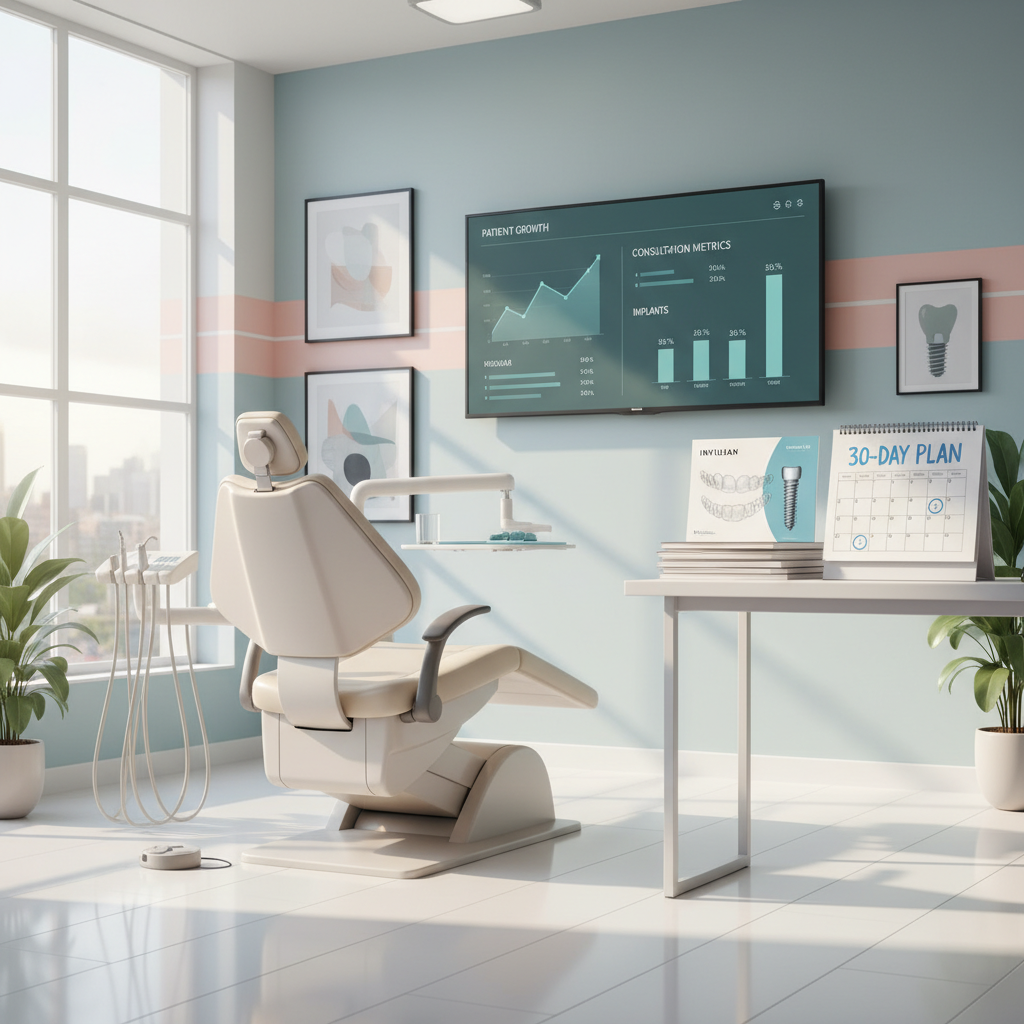 Bright dental workspace with digital dashboard, case studies, calendar, and calming decor.