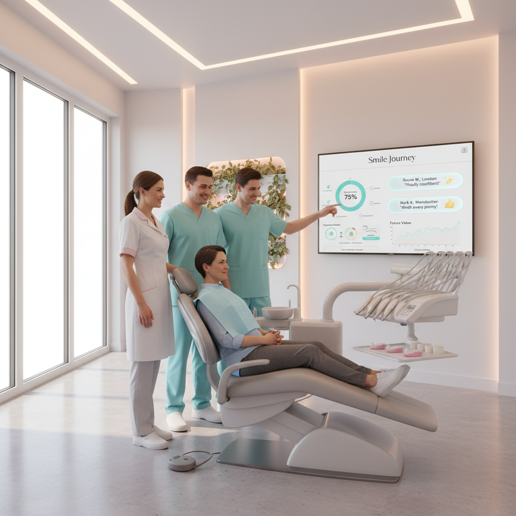Calm patient in dental clinic with staff, digital dashboard, testimonials, and warm clinical tones.