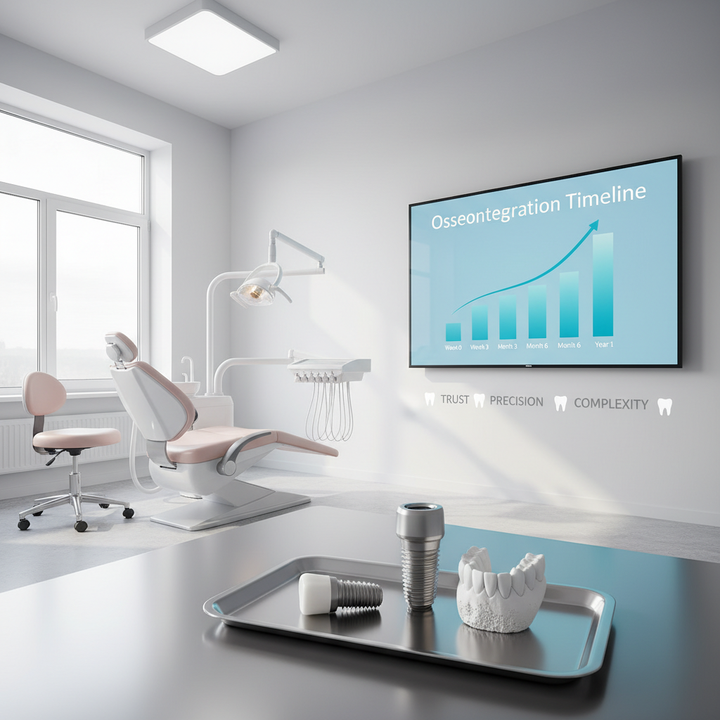 Close-up of dental implants, bone model, and osseointegration timeline on treatment tray.