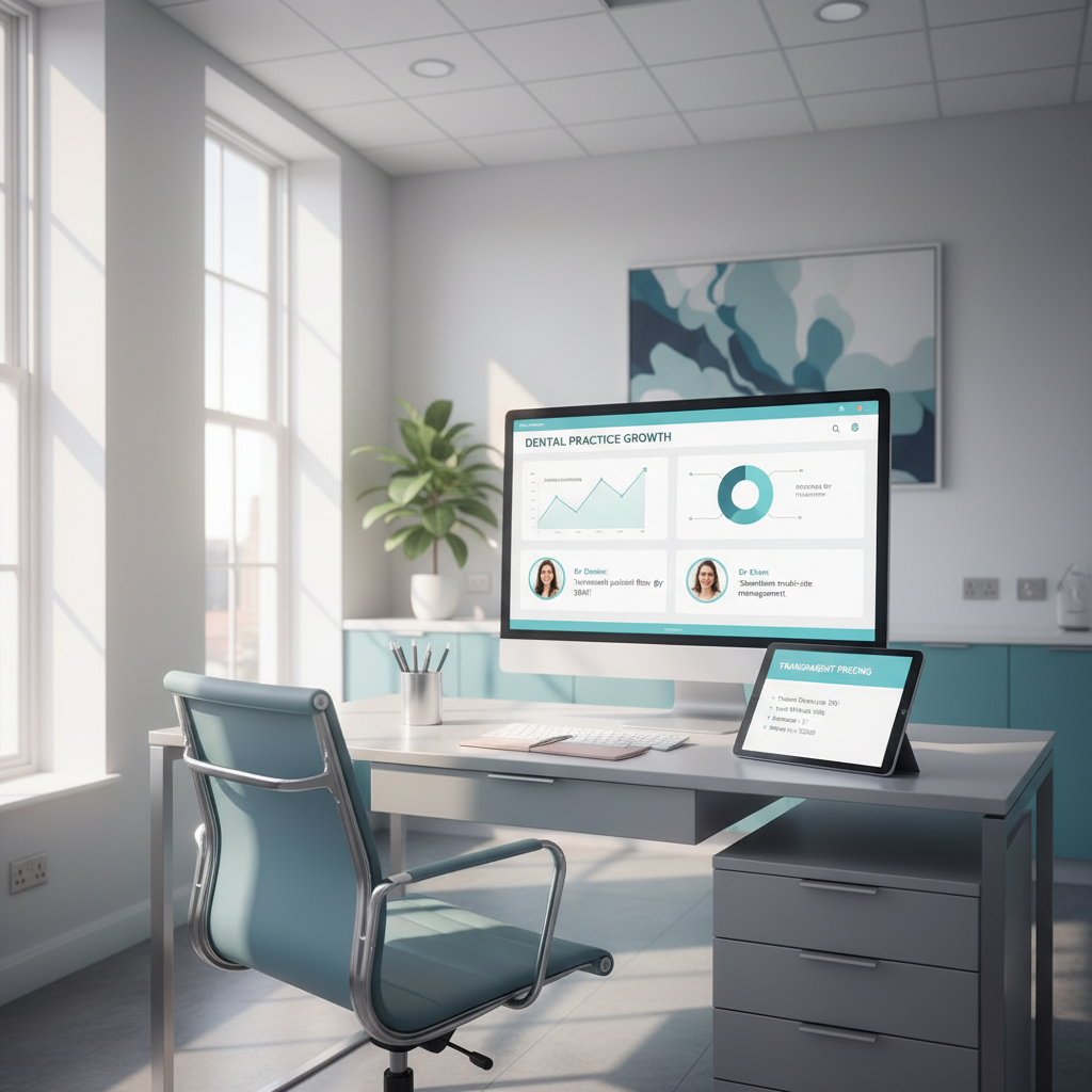 Modern dental clinic office with digital dashboard, desk accessories, and calming blue-green accents.