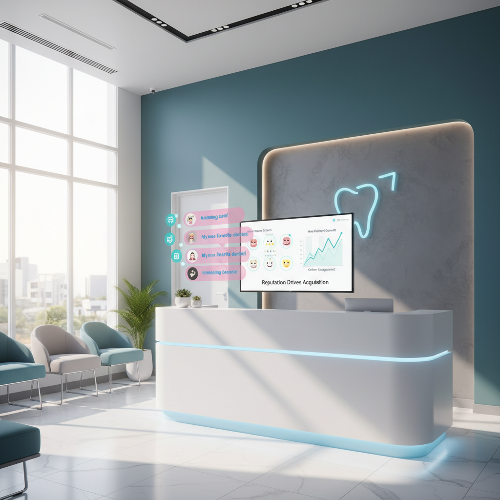 Modern dental clinic reception with digital dashboard displaying patient reviews and growth charts.