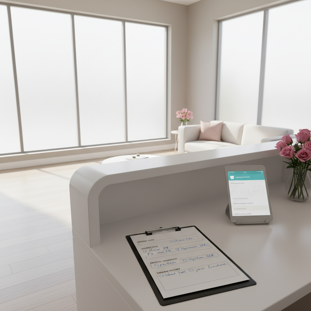 Modern dental clinic reception with patient form and digital dashboard in warm, welcoming tones.