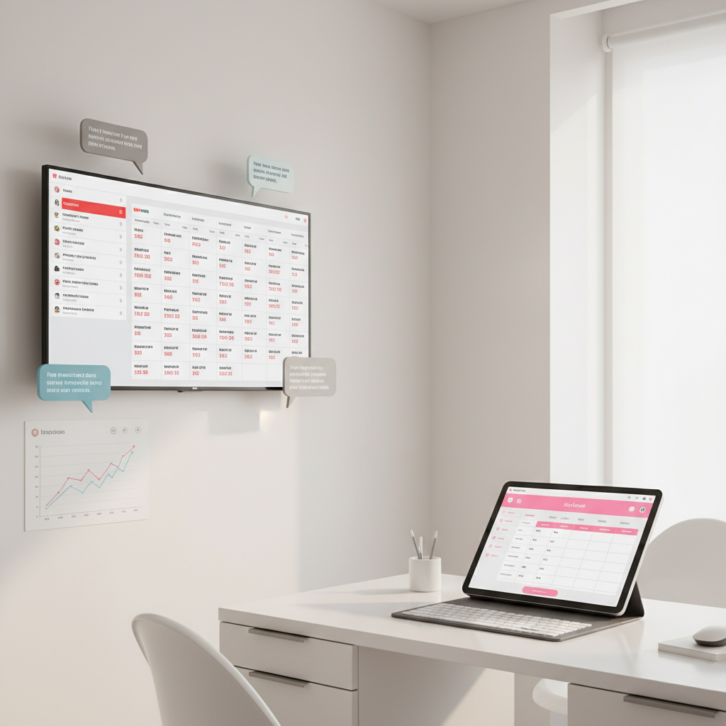 Modern dental clinic room with digital appointment screens, growth chart, and private scheduling interface.