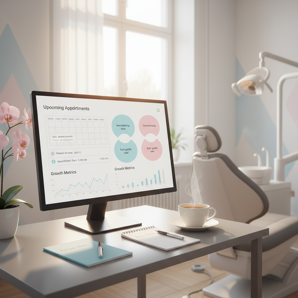 Modern dental clinic treatment room with computer dashboard, notepad, tea, and calming accents.