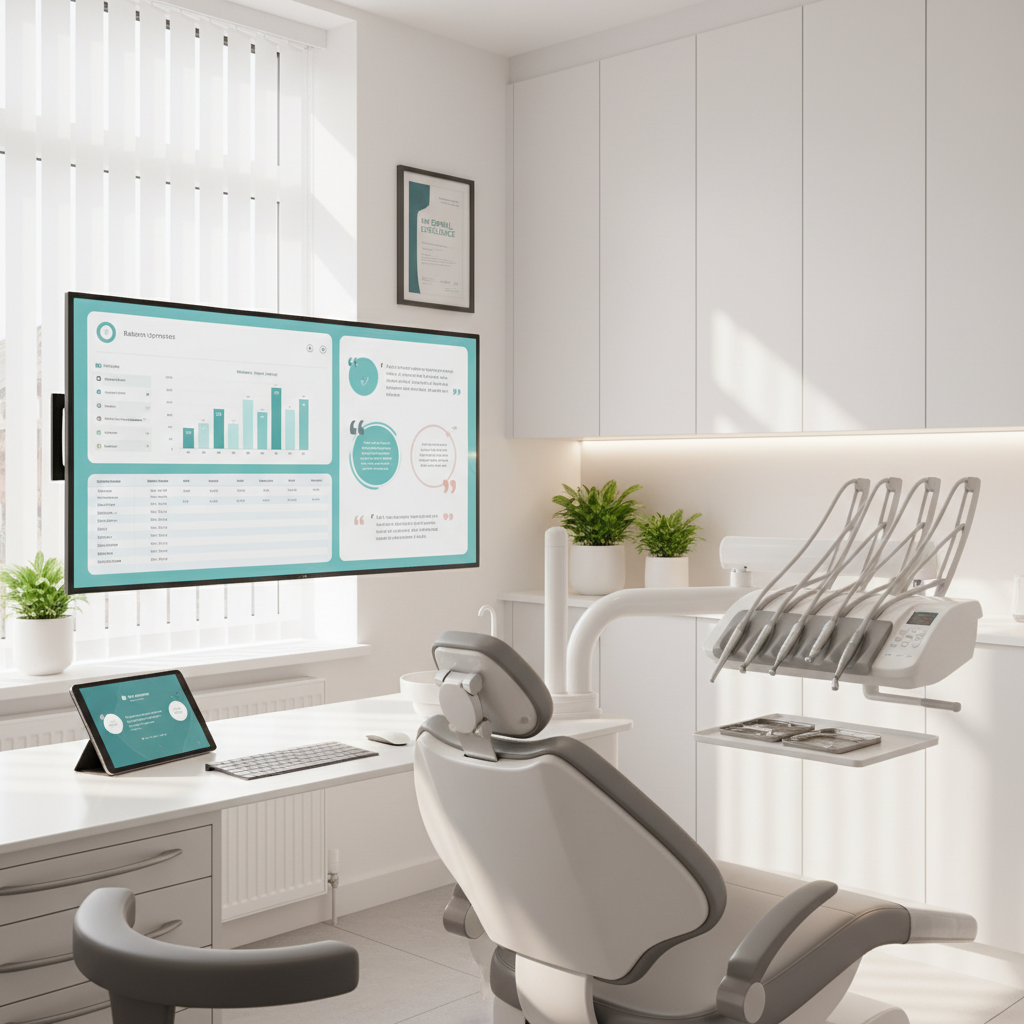 Modern dental clinic treatment room with digital workspace, growth charts, and organized tools.