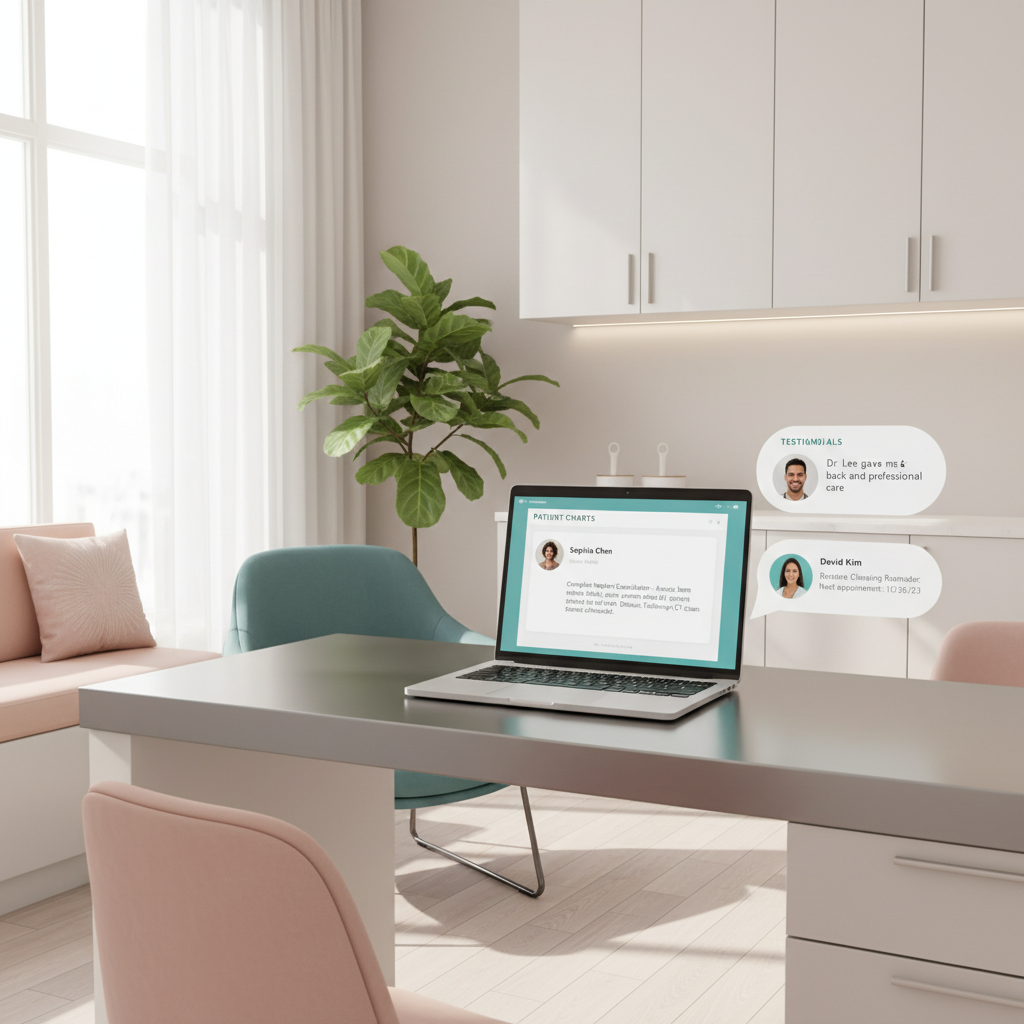 Modern dental clinic treatment room with laptop displaying patient charts and testimonials.