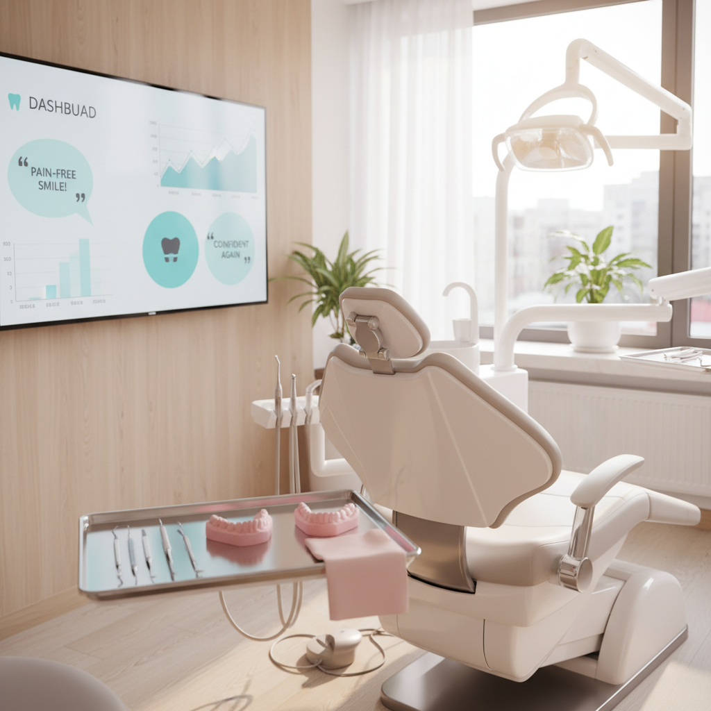 Modern dental clinic with chair, digital dashboard, tools, and restorative care elements.