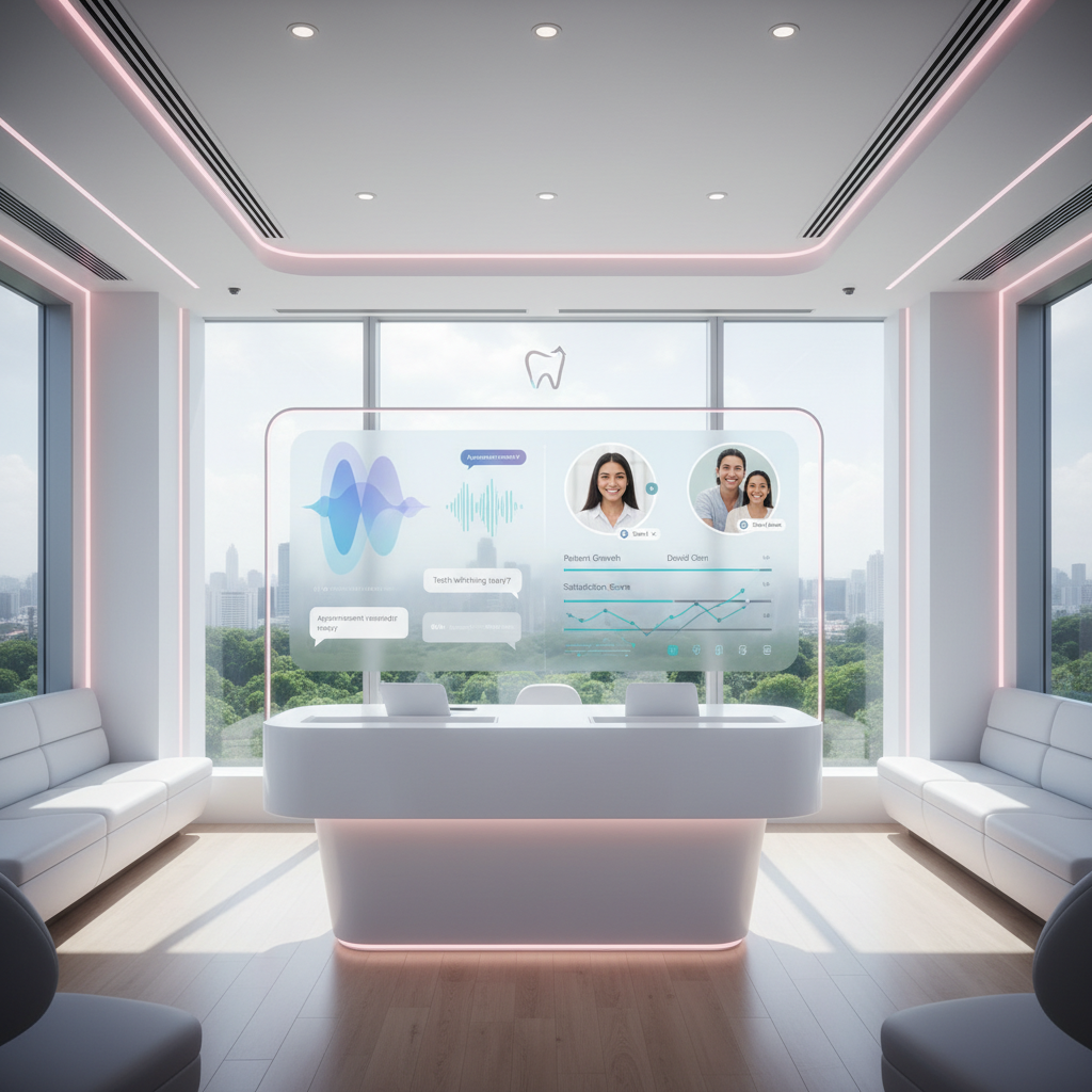 Modern dental clinic with digital dashboard, chat bubbles, testimonials, and growth charts.