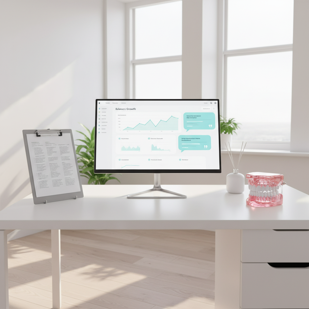 Modern dental clinic with digital dashboard, research notes, and pink dental model in bright, professional setting.