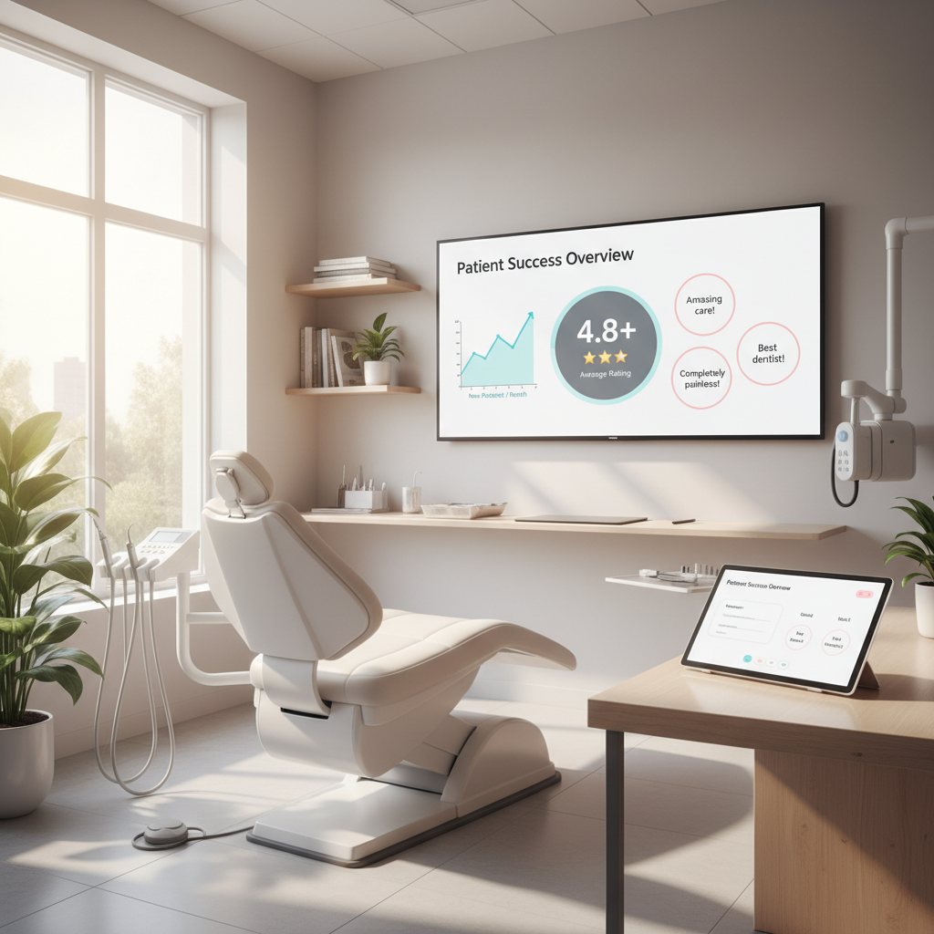 Modern dental clinic with digital dashboard showing ratings, growth charts, and patient testimonials.