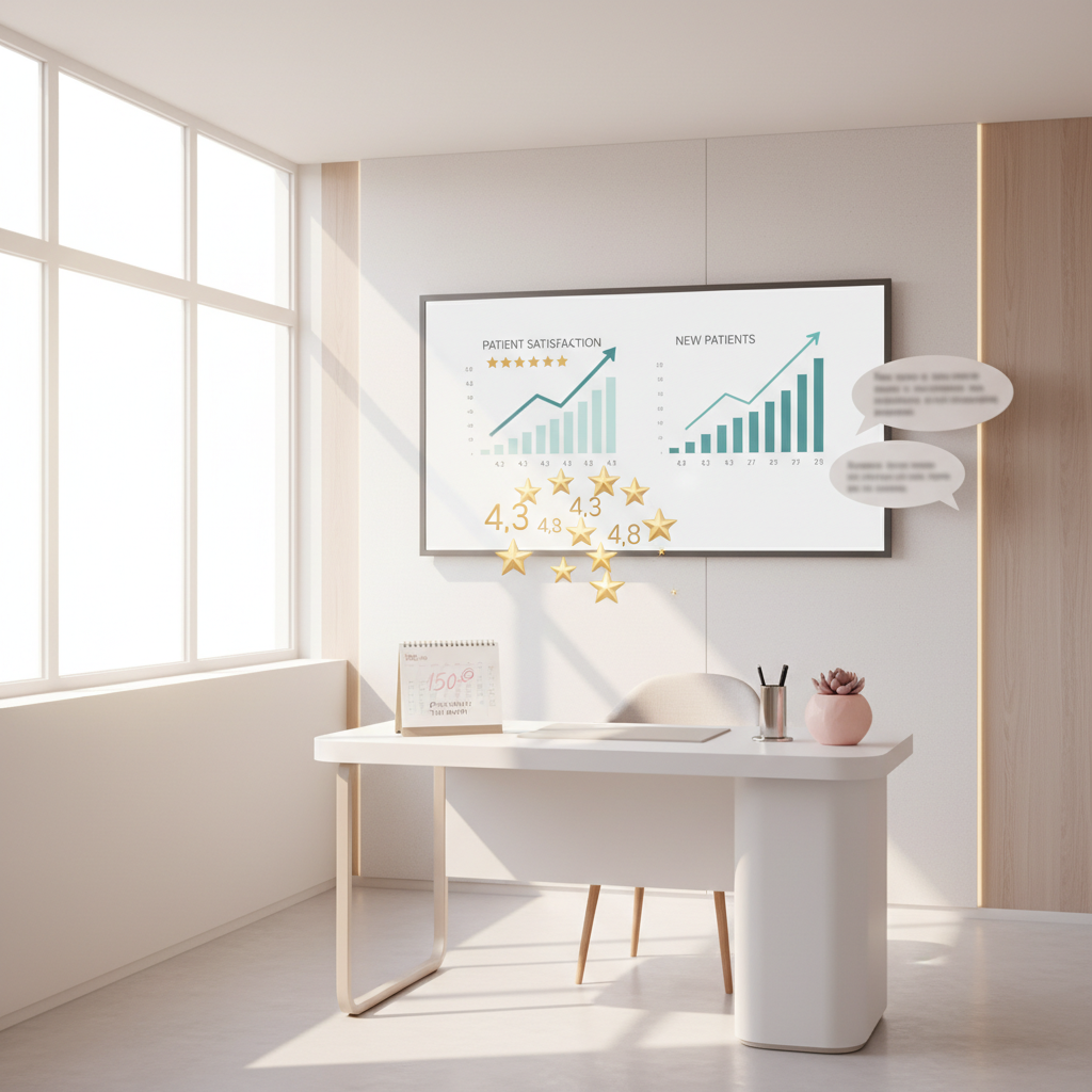 Modern dental clinic with digital dashboard, star ratings, testimonials, and welcoming workspace.
