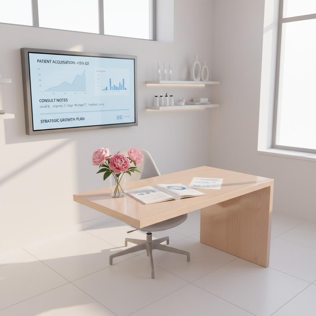 Modern dental clinic with digital dashboard, strategy documents, and pink flower accents.