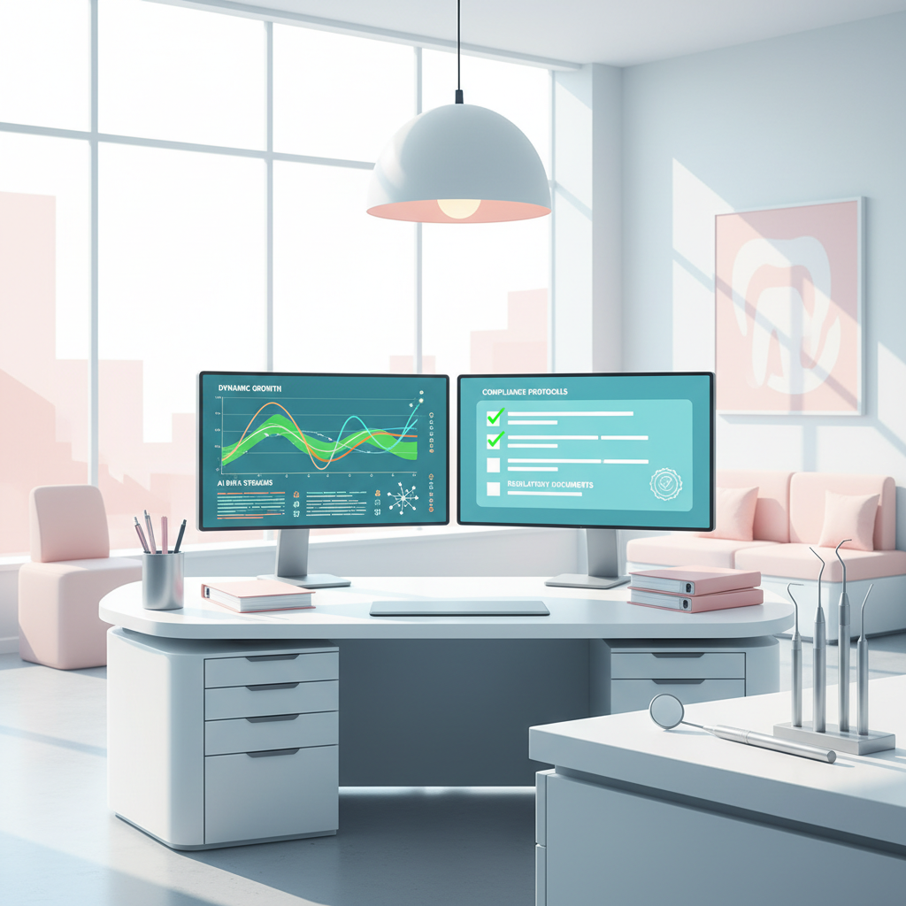 Modern dental clinic with digital workspace, dashboards, dental tools, and warm pink accents.