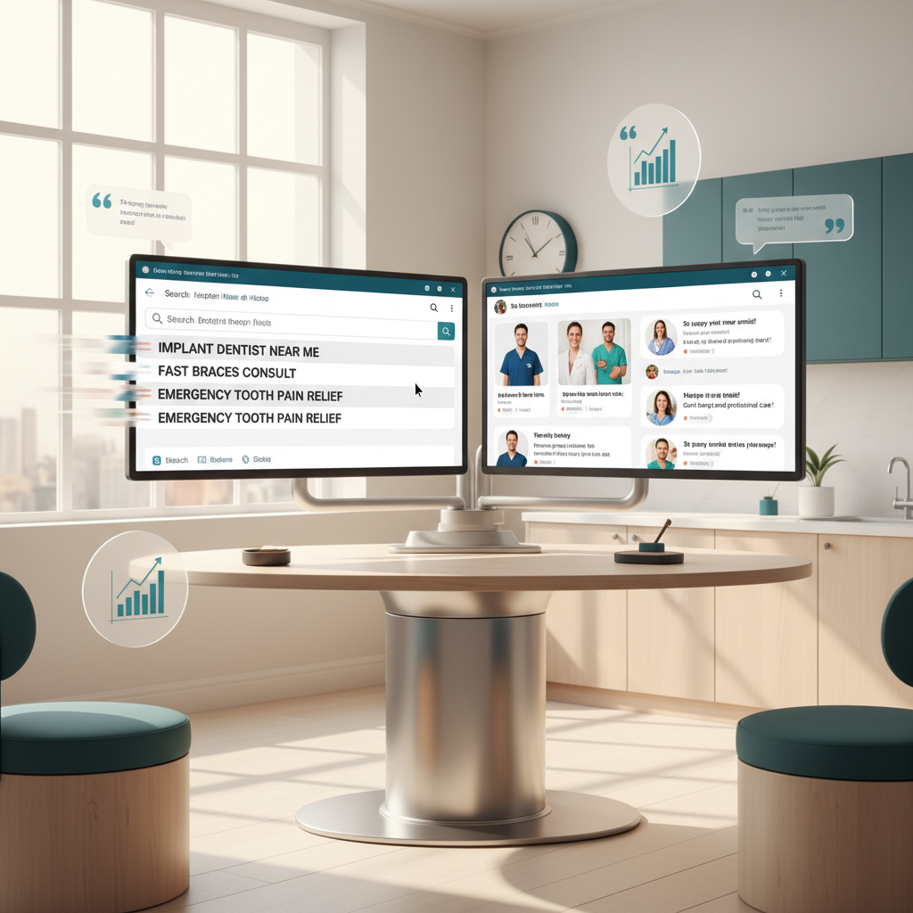 Modern dental clinic with digital workspace displaying search, social media, and growth visuals.