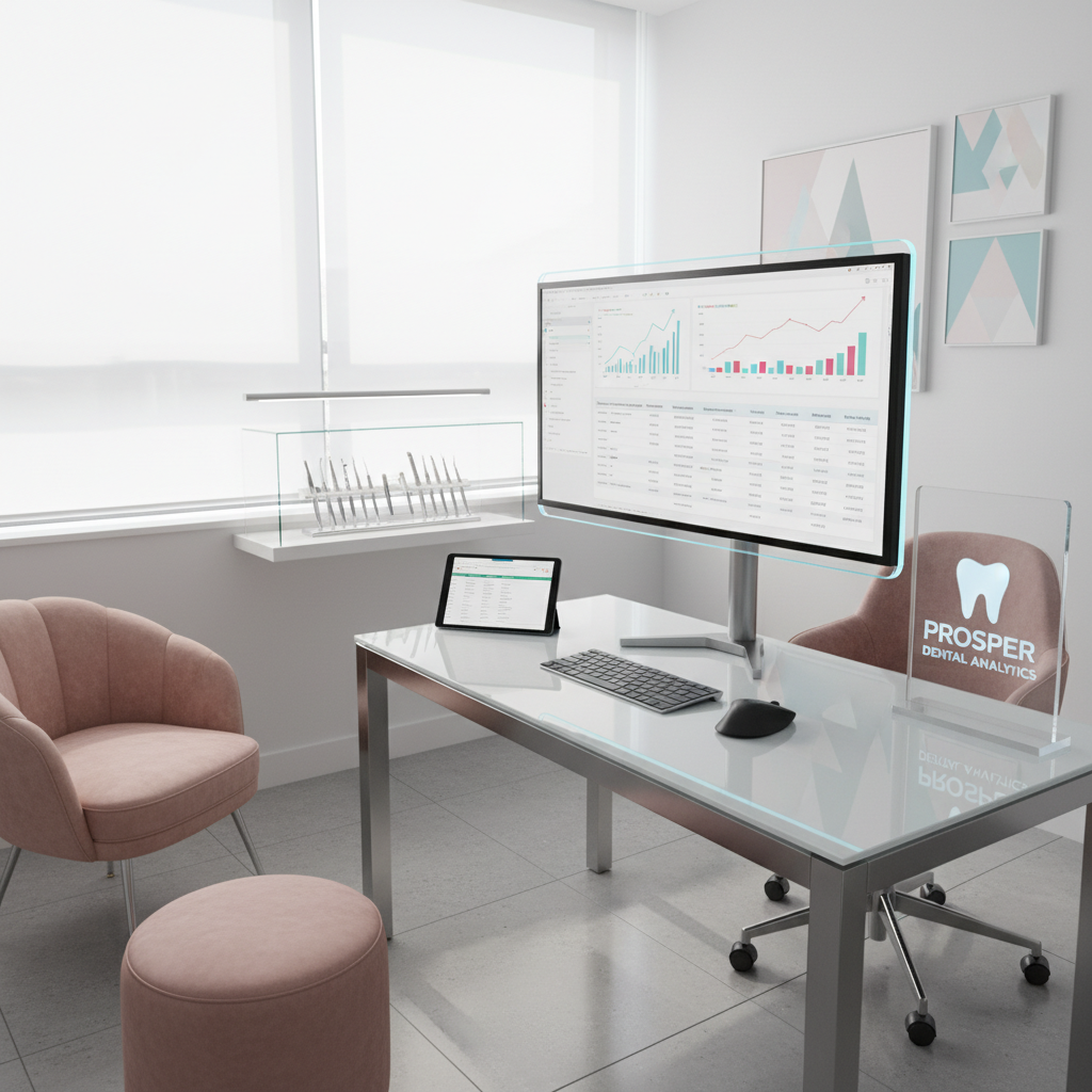 Modern dental clinic with digital workspace displaying growth charts and clinical tools.