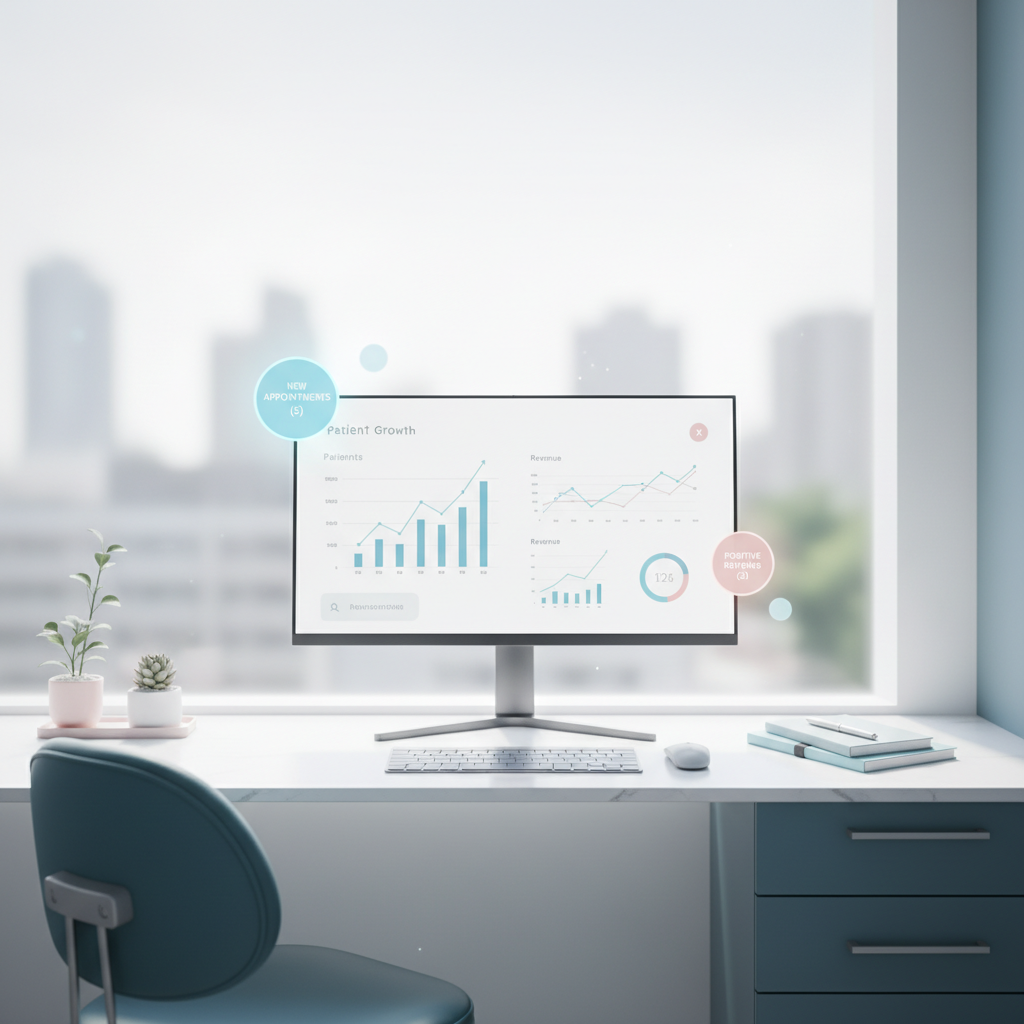 Modern dental clinic with digital workspace displaying growth charts and notifications.