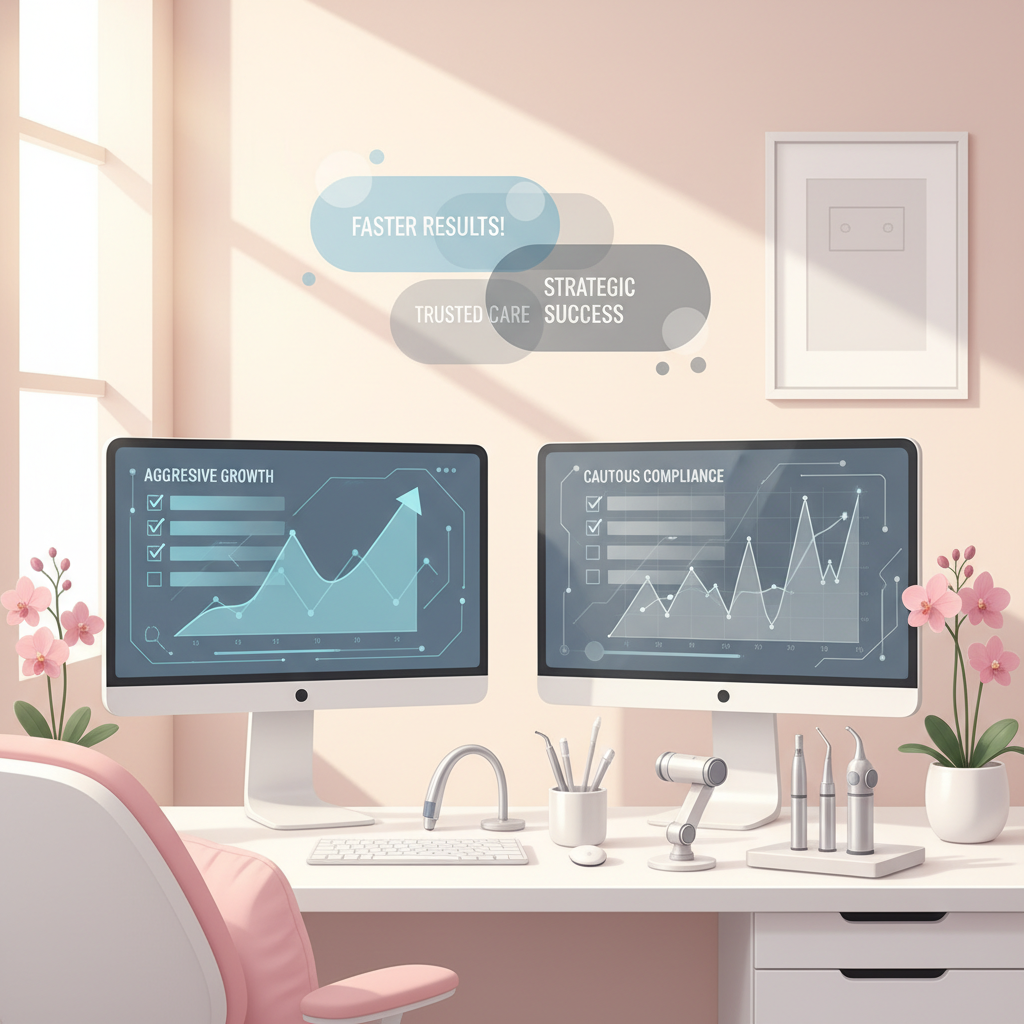 Modern dental clinic with digital workstations, tools, growth charts, and testimonial bubbles.
