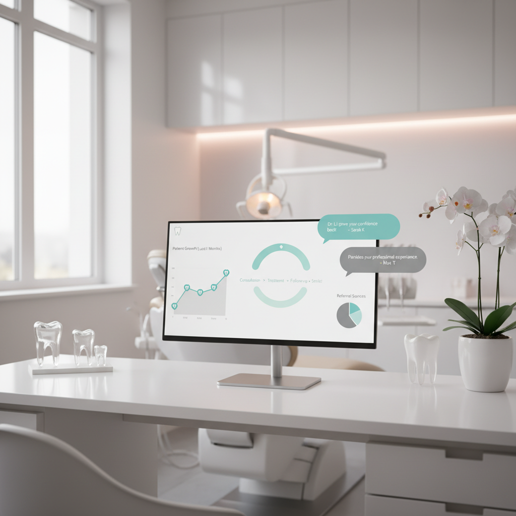 Modern dental clinic workspace with a computer displaying patient journey dashboard and growth charts.