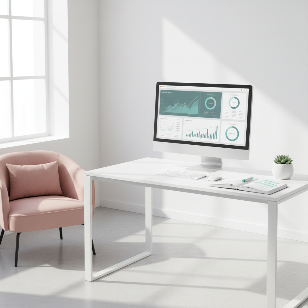 Modern dental clinic workspace with a desk, growth charts, reports, and calming decor.