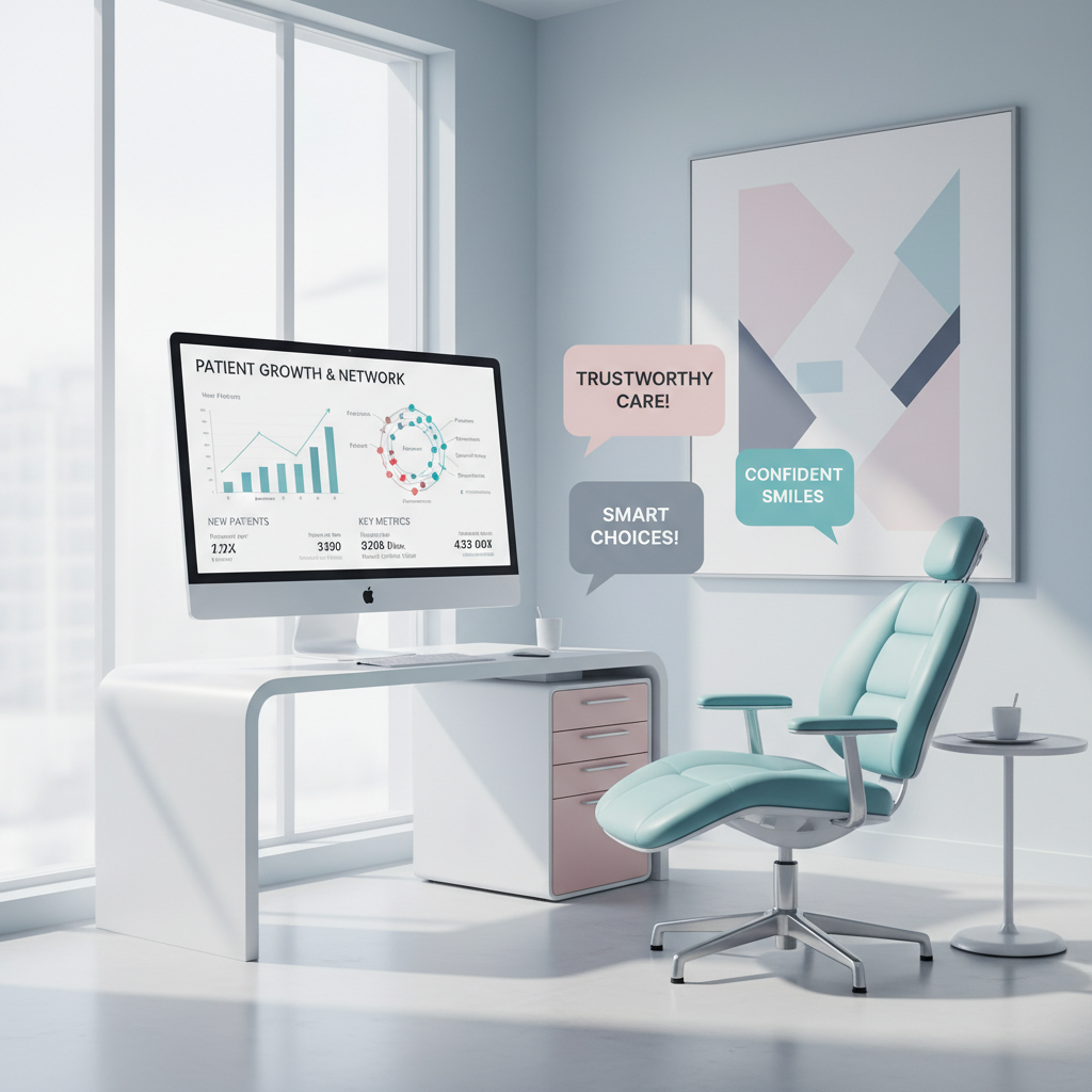 Modern dental clinic workspace with computer displaying patient data and testimonial bubbles.