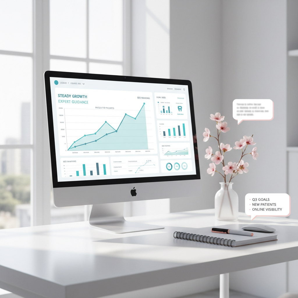 Modern dental clinic workspace with computer displaying growth chart and SEO dashboard.