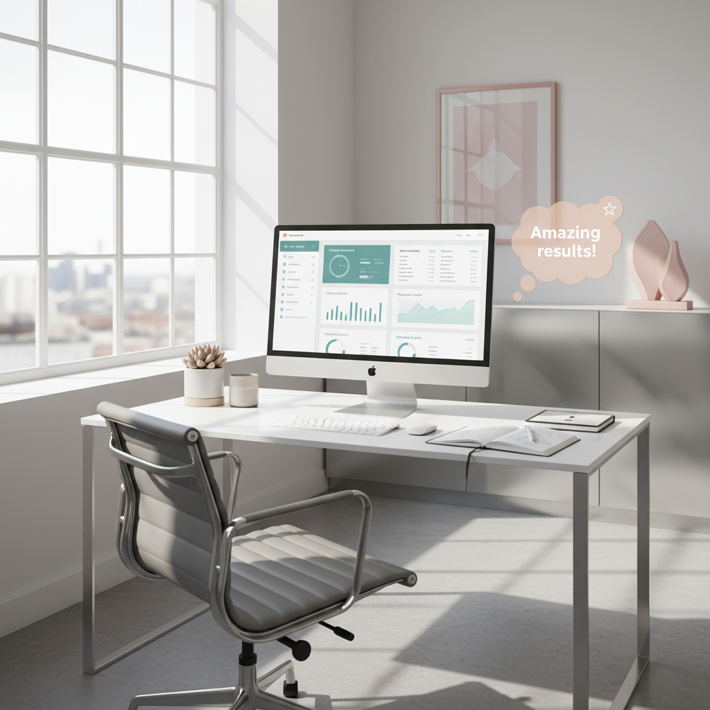 Modern dental clinic workspace with computer displaying marketing dashboard and supportive elements.