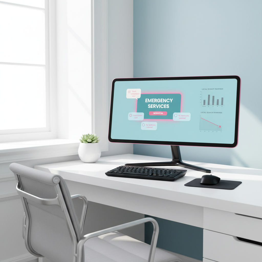 Modern dental clinic workspace with computer displaying emergency services and growth chart.