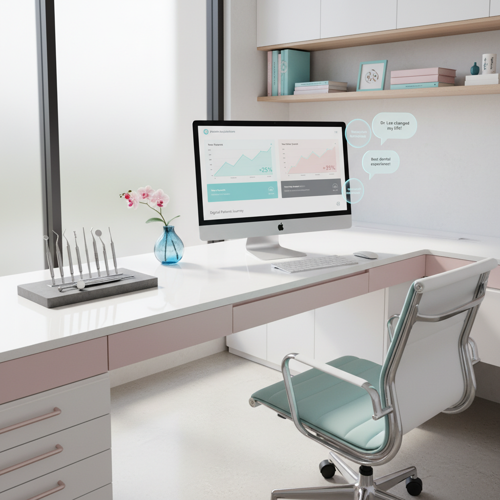 Modern dental clinic workspace with computer displaying patient growth dashboard and testimonials.