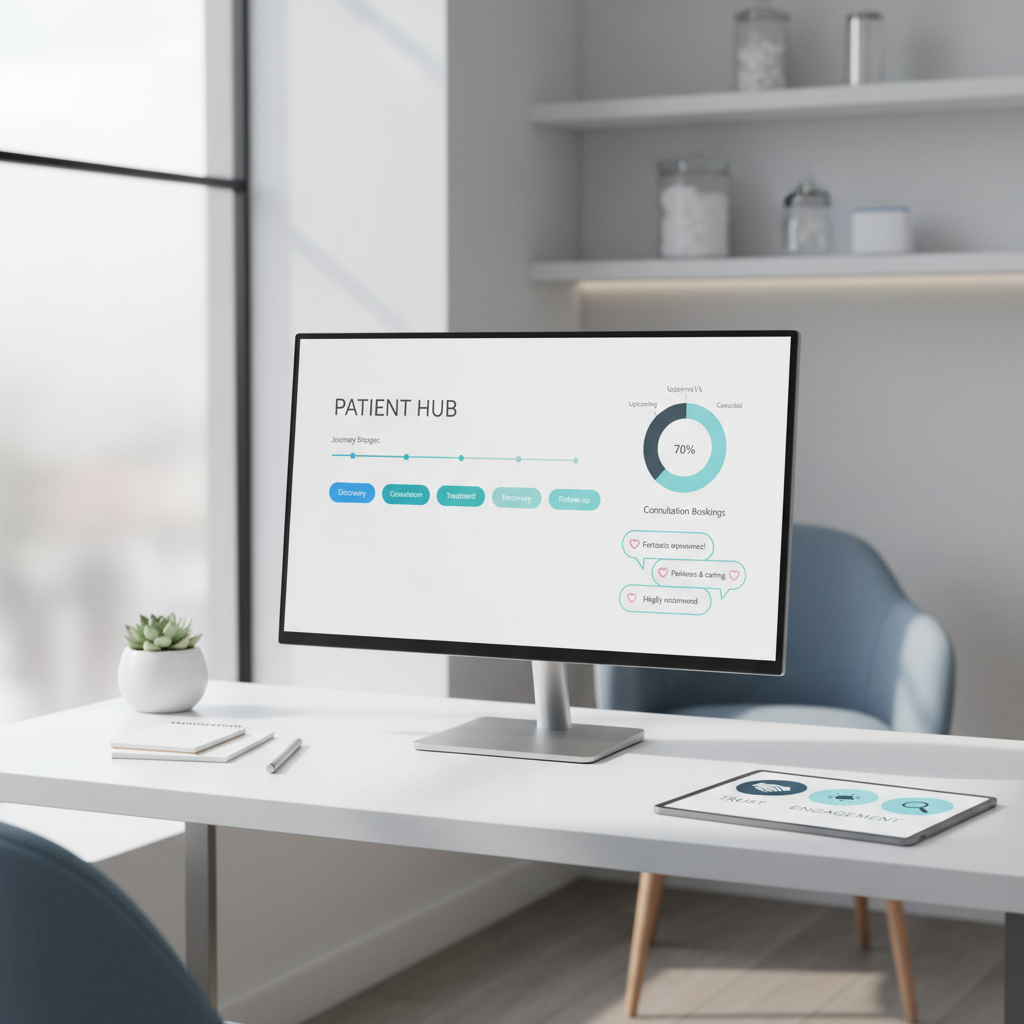Modern dental clinic workspace with computer displaying patient dashboard and strategic content on tablet.