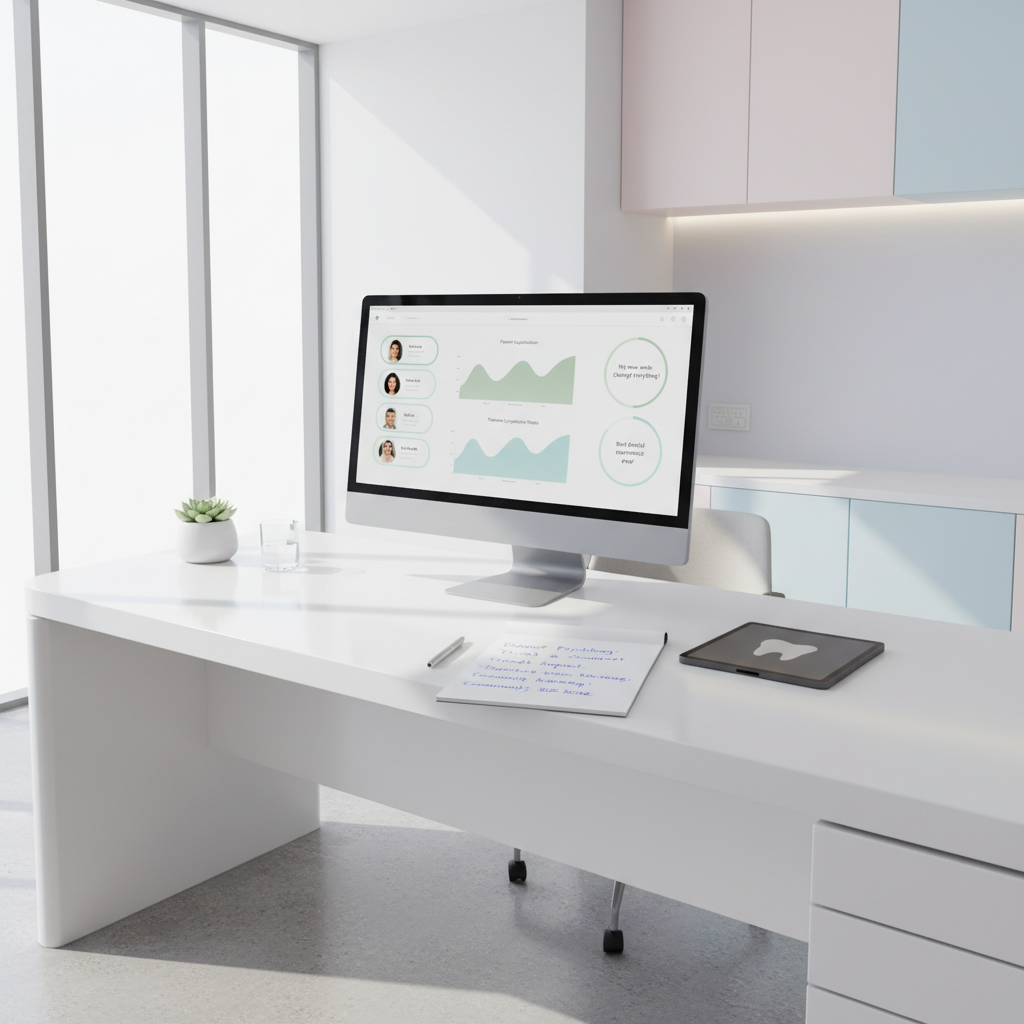 Modern dental clinic workspace with computer, tablet, notepad, and clinical decor.