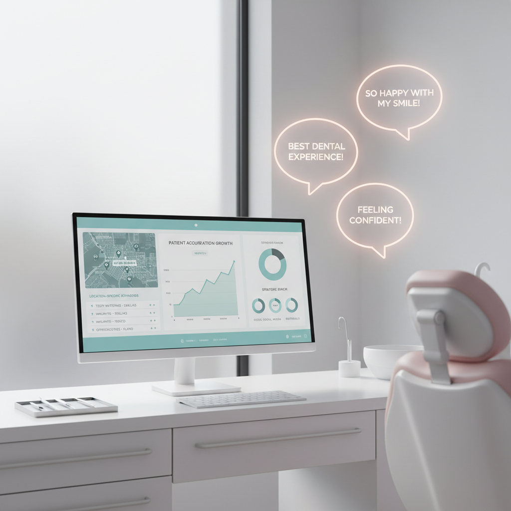 Modern dental clinic workspace with dashboard, dental chair, white surfaces, and glowing testimonial bubbles.