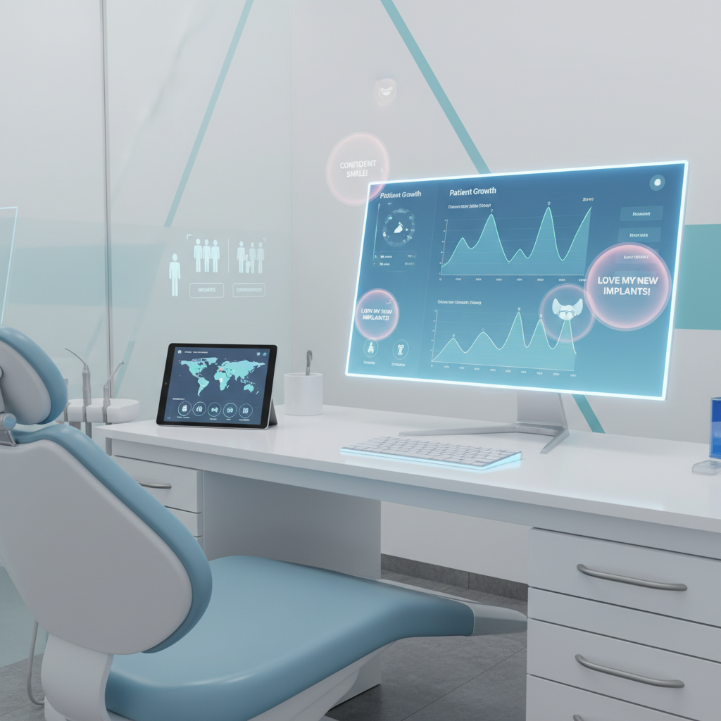 Modern dental clinic workspace with digital dashboard, tablet, and dental chair in bright, clinical setting.