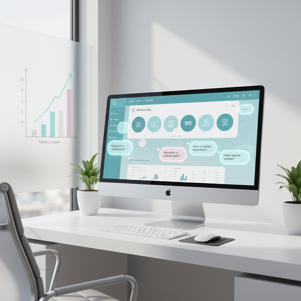 Modern dental clinic workspace with digital dashboard, testimonial bubbles, and growth chart.