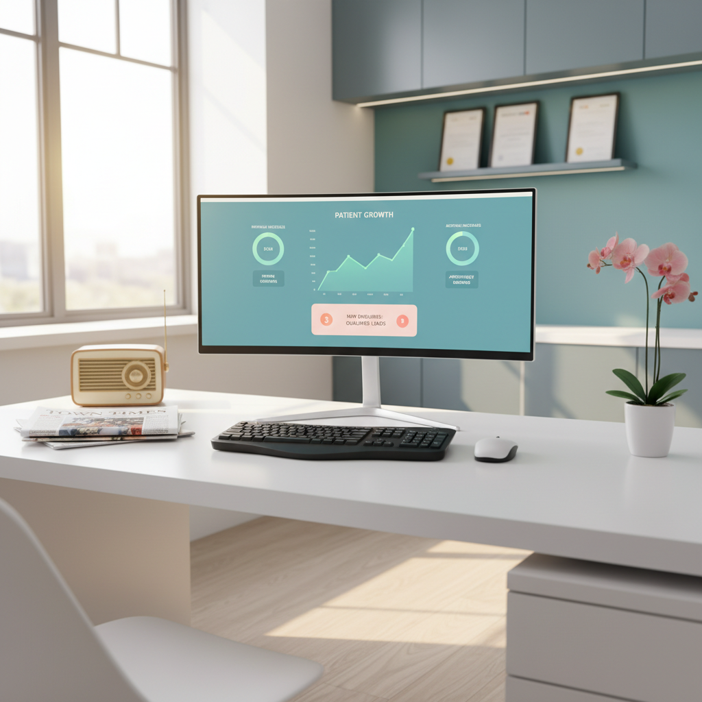 Modern dental clinic workspace with digital dashboard, marketing materials, and warm-toned decor.