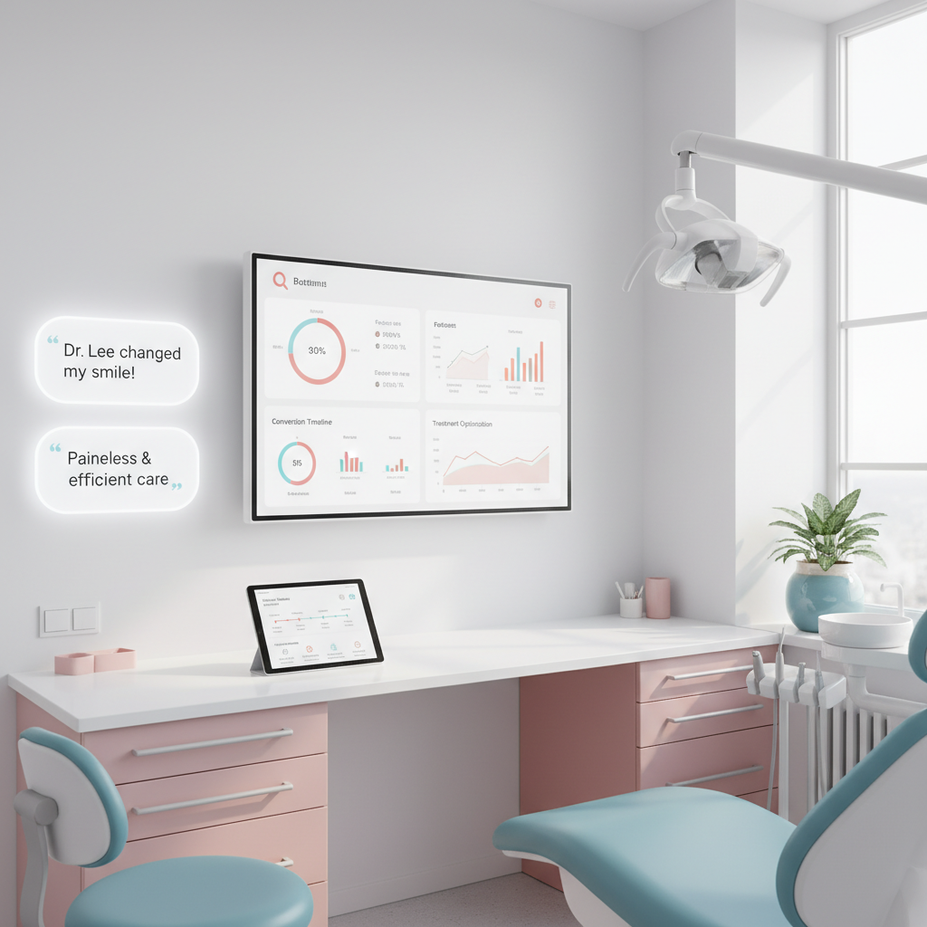 Modern dental clinic workspace with digital dashboard, organized desk, and calming color scheme.