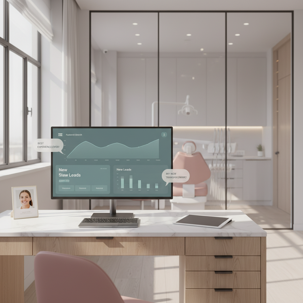 Modern dental clinic workspace with digital dashboard, treatment room, and pink accents.