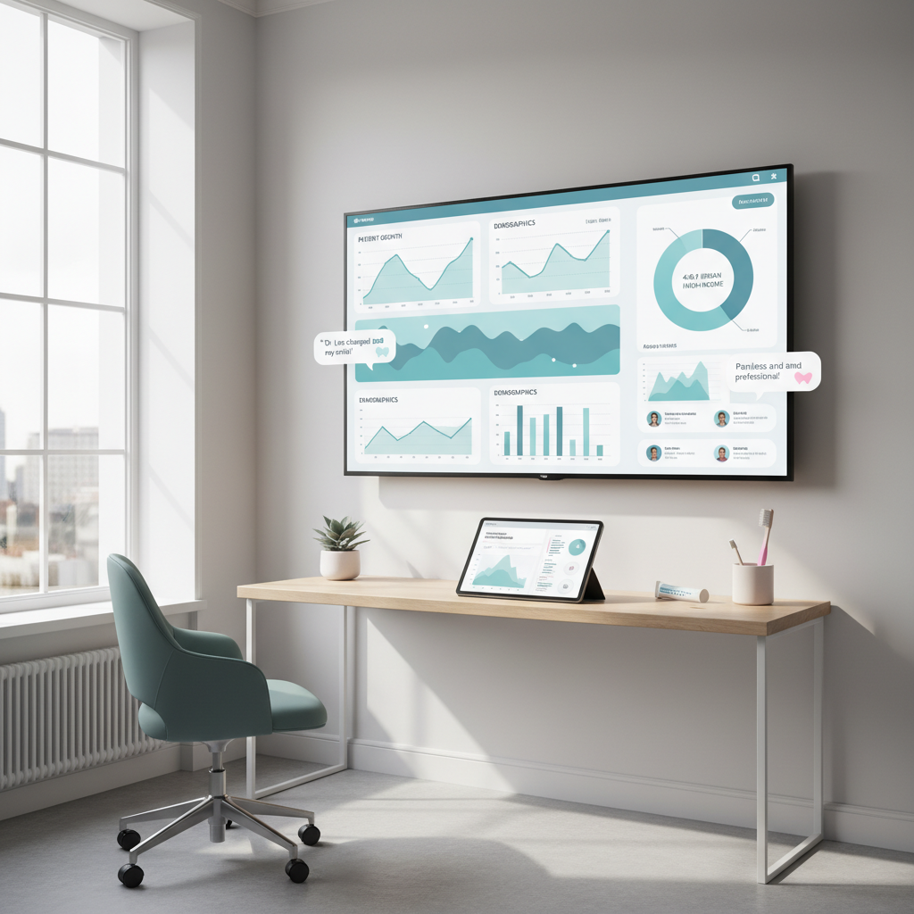 Modern dental clinic workspace with digital dashboard displaying patient data and analytics.