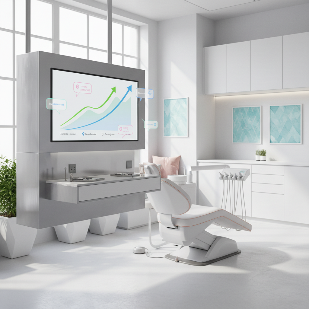 Modern dental clinic workspace with digital dashboard showing growth charts and location markers.