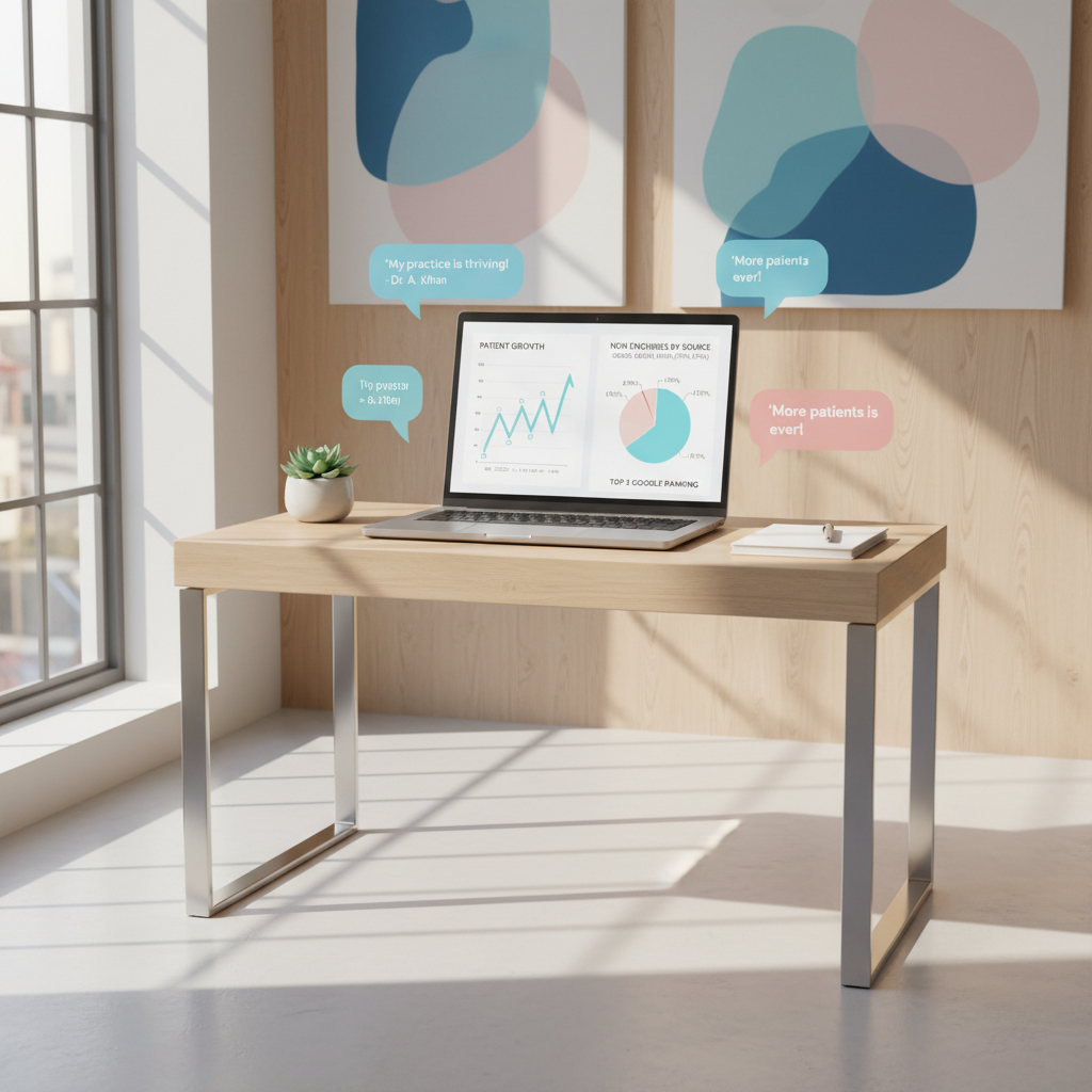 Modern dental clinic workspace with digital dashboard showing growth and patient metrics.