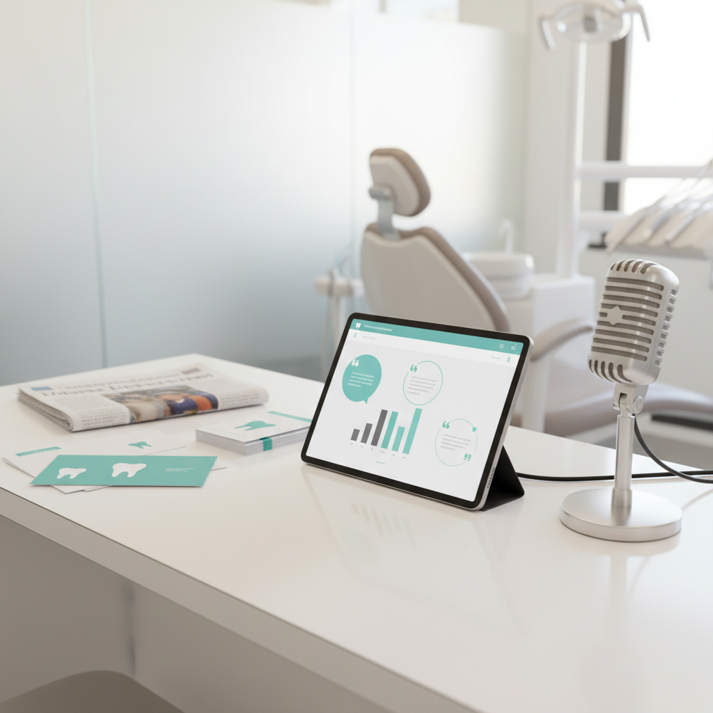 Modern dental clinic workspace with digital dashboard, printed materials, and radio microphone.