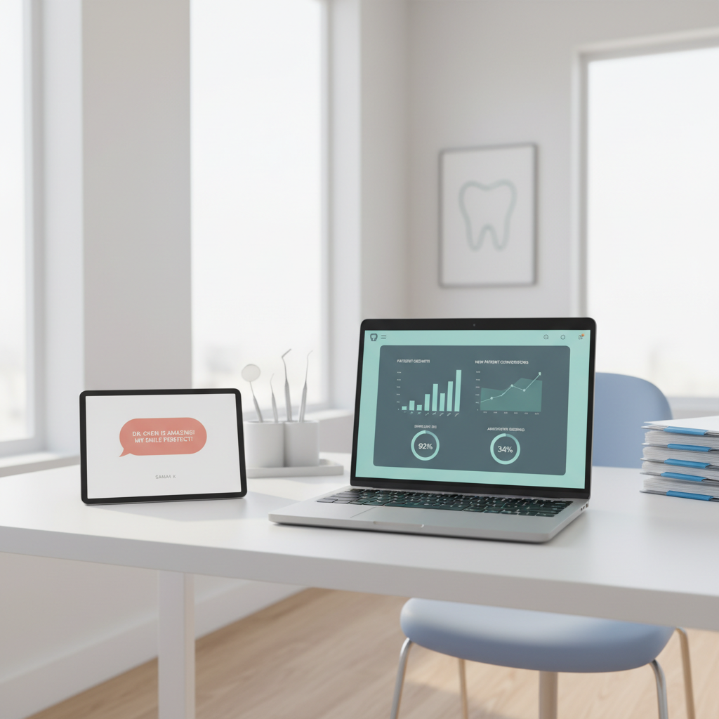 Modern dental clinic workspace with laptop displaying marketing dashboard and testimonial bubble.