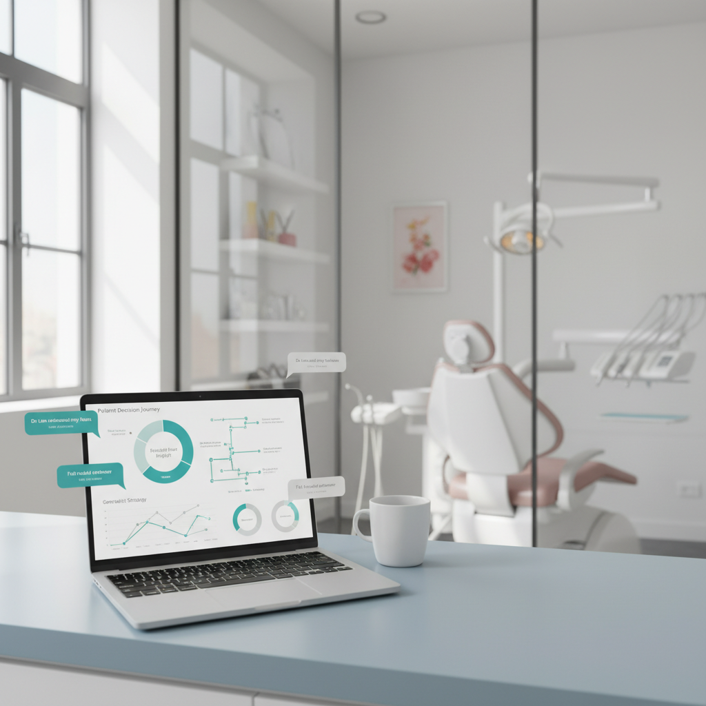 Modern dental clinic workspace with laptop displaying patient psychology dashboard and treatment room background.