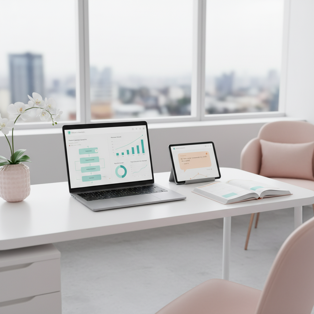 Modern dental clinic workspace with laptop, tablet, appointment calendar, and pink accents.