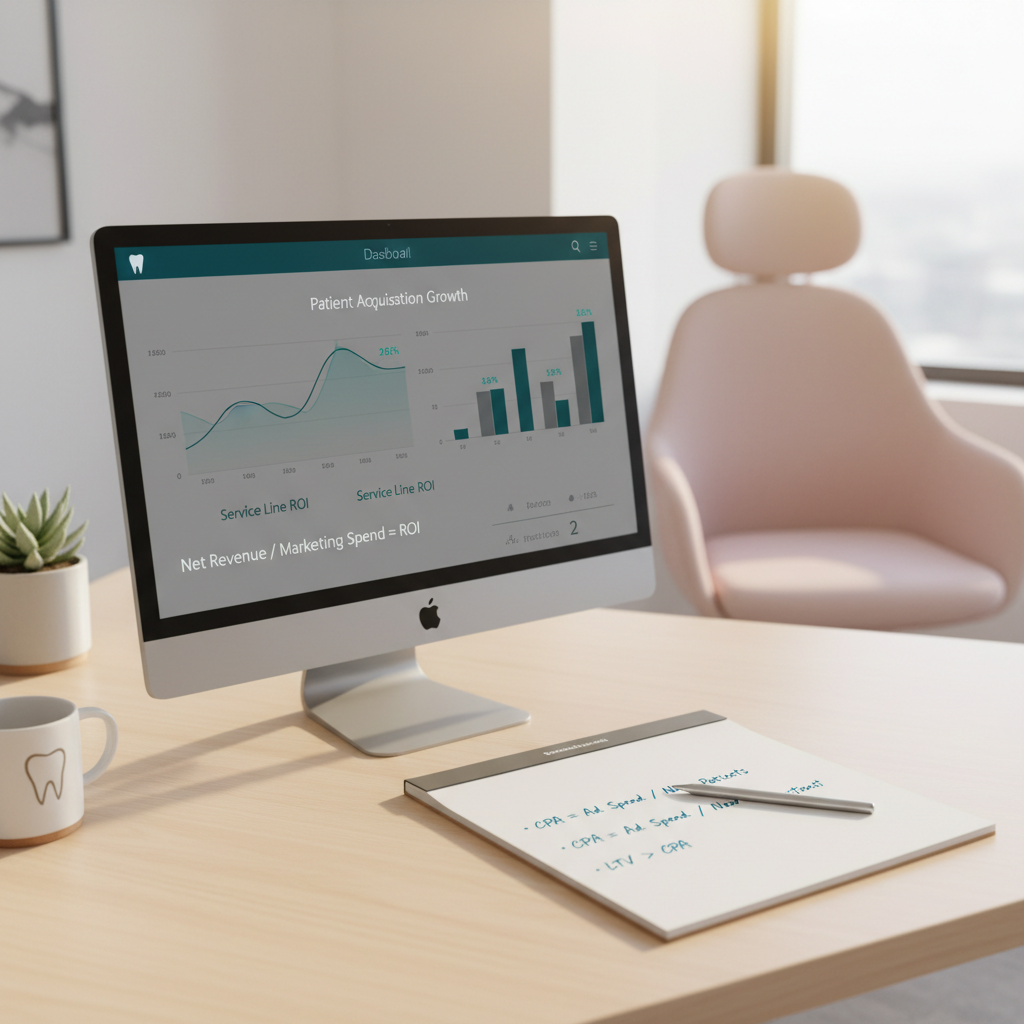 Modern dental clinic workspace with marketing dashboard, notepad, pen, and pink chair cushion.