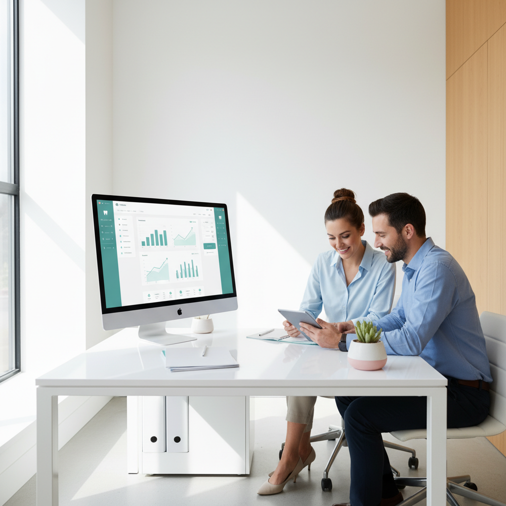 Modern dental clinic workspace with professionals reviewing marketing data and collaboration.