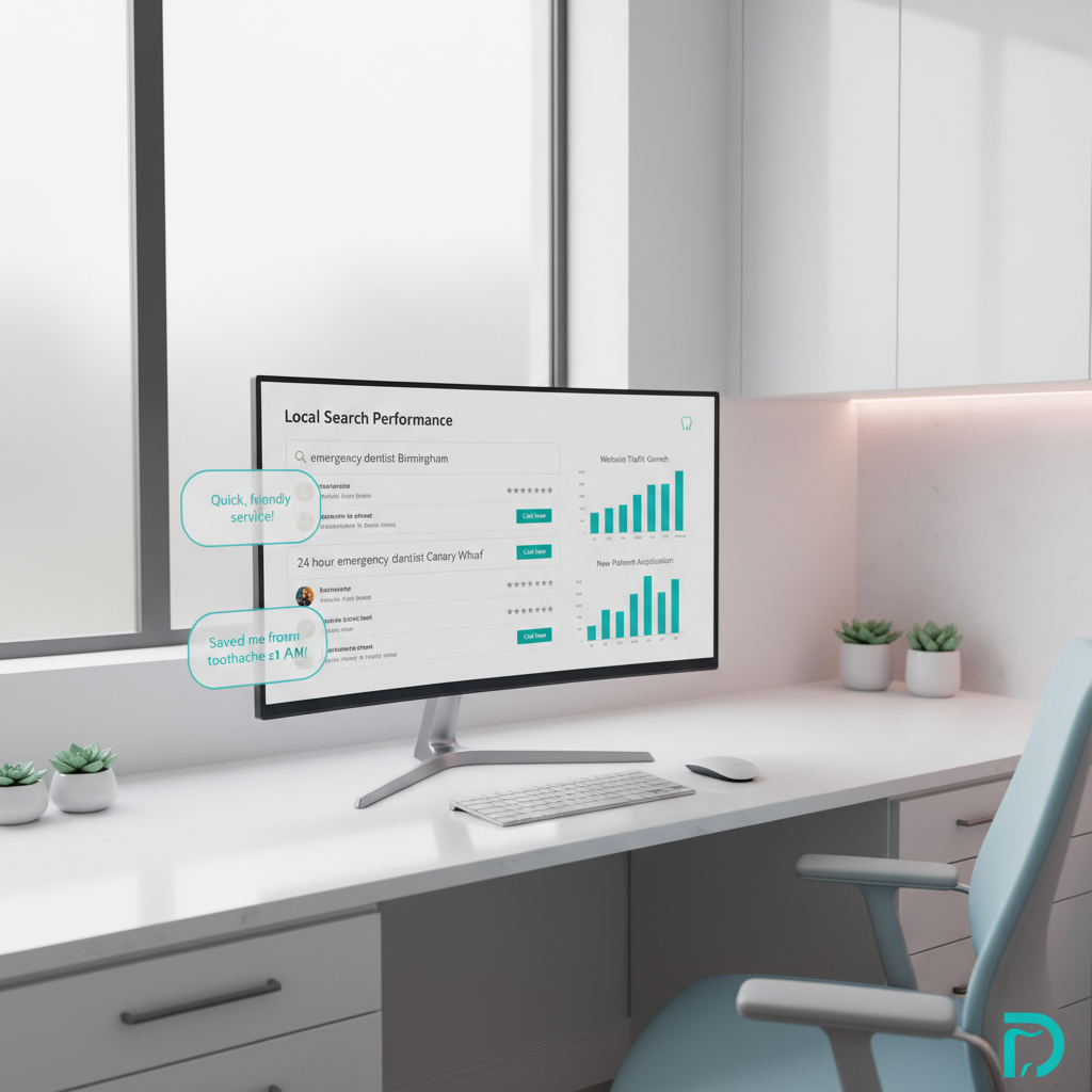 Modern dental clinic workspace with SEO dashboard, testimonials, and growth charts on computer screen.