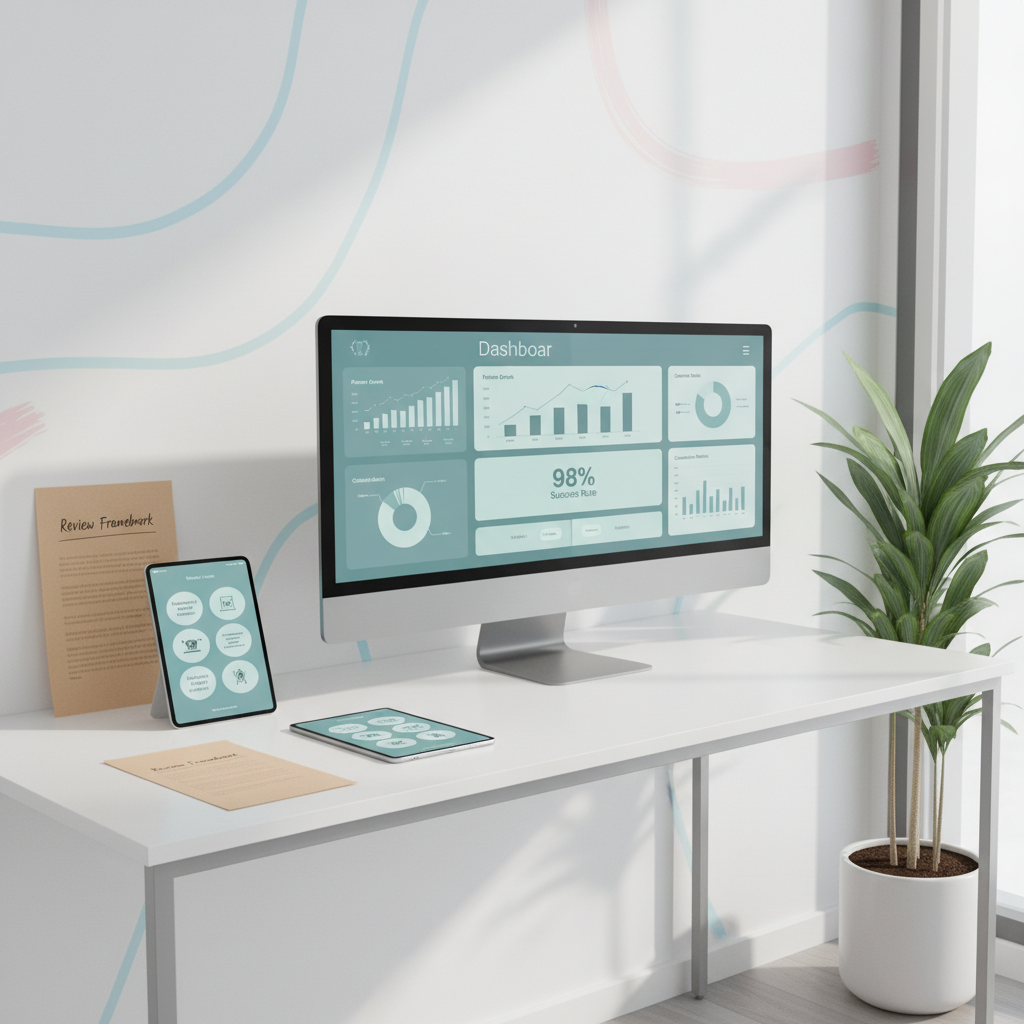 Modern dental office corner with digital dashboard, review sheet, and testimonial tablet.