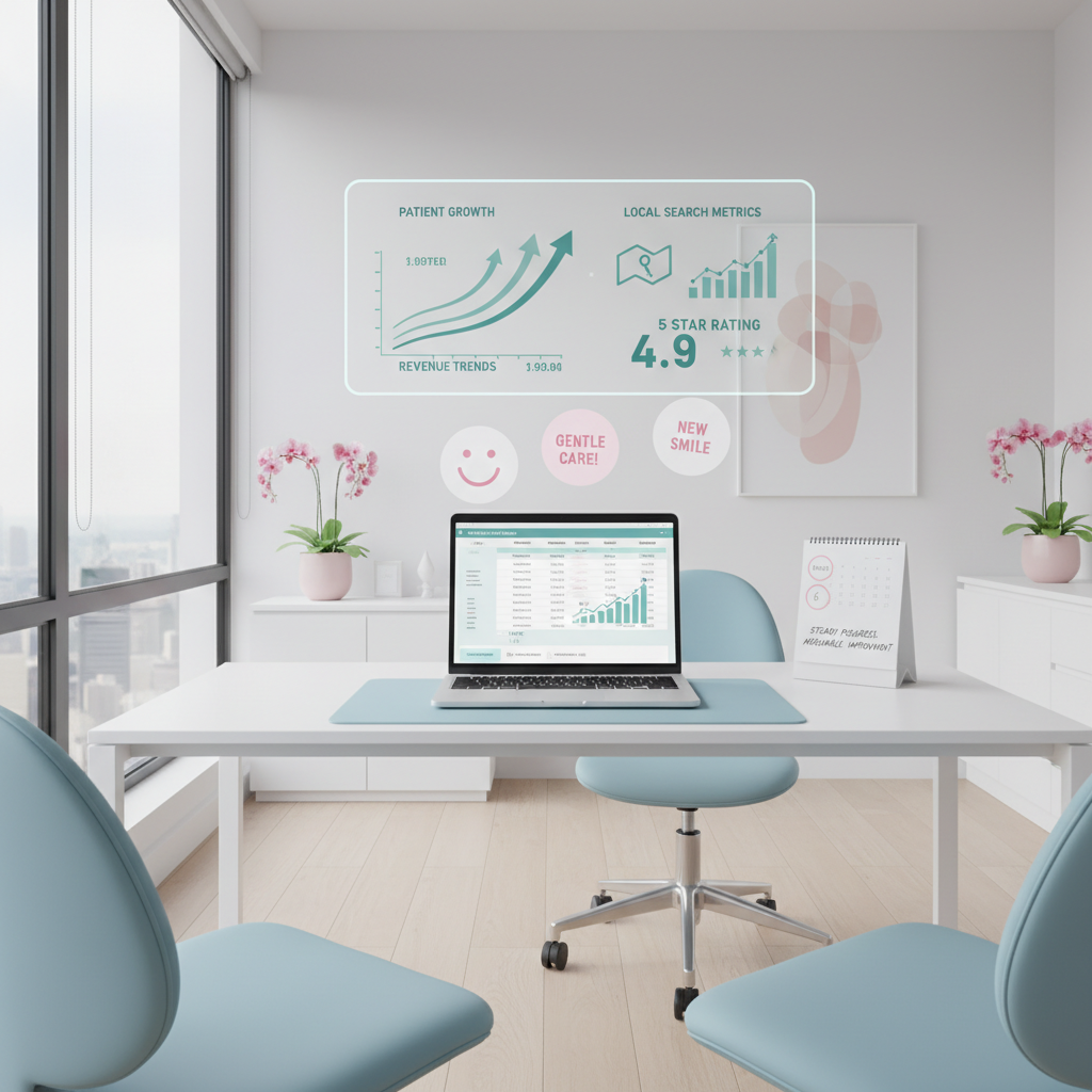 Modern dental office with digital dashboard, laptop, testimonial bubbles, and progress calendar.