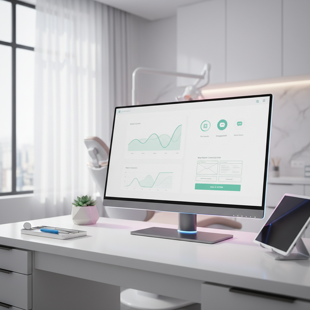 Modern dental office workspace with digital dashboard, clinical tools, and subtle color accents.