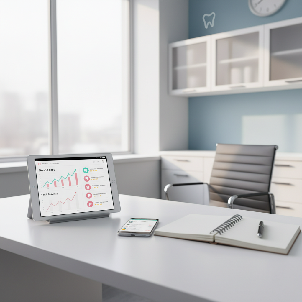 Modern dental office workspace with tablet displaying dental dashboard and smartphone showing local search.
